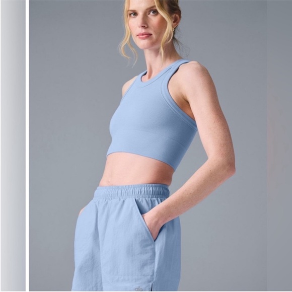 ALO Yoga Seamless Delight High Neck Bra Seashell Blue - Picture 5 of 8